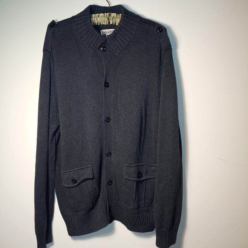 Converse Button Up Mock Neck Shoulder Strap Long Sleeves Cardigan Size XL Grey